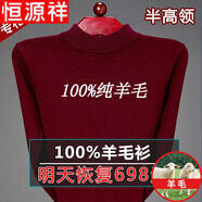 恒源祥純羊毛絨衫冬季市男100純羊 毛毛衣加 厚大碼中老年人保暖上衣 8800半高 領(lǐng)酒紅 175/XL(建議140-155斤)