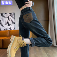 麥潮尚2024加絨哈倫牛仔褲女冬季加厚高腰直筒寬松大碼顯瘦老爹褲潮 復古藍 L 建議110-120斤