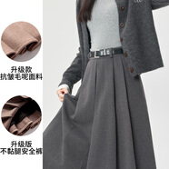 tromlfz黑色西裝半身裙女秋冬2025新款加絨垂感a字傘裙顯瘦中長(cháng)款百褶裙 淺灰【送腰帶】冬季毛呢料 加厚 L _110-125斤