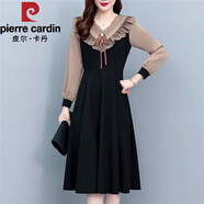 皮爾卡丹（pierre cardin）蝴蝶結(jié)飄帶v領拼接長袖連衣裙女春秋季時尚洋氣質(zhì)法式假兩件裙子 黑色  L 建議100-115斤