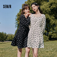 森馬森馬連衣裙女肌理木耳邊碎花裙氣質(zhì)秋冬季收腰方領(lǐng)裙子俏皮 白黑色調0319 170/92A/XL