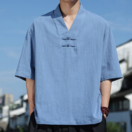 管先生中國(guó)風(fēng)亞麻七分袖T恤男寬松大碼棉麻7分袖小衫夏季輕薄款復(fù)古體恤 T82藍(lán)色 2XL