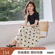 熙世界（sllsky）假兩件波點(diǎn)連衣裙2025秋季新款流行氣質(zhì)短袖圓領(lǐng)拼接裙子女裝 杏底黑色波點(diǎn) 2XL