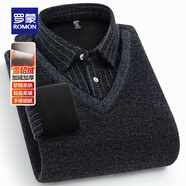 羅蒙雪貂絨加絨加厚條紋假兩件針織衫男士冬季中青年商務(wù)保暖長(cháng)袖毛衣 黑色 2XL 180 （適合145-16斤）