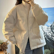 AEMAPE美式立領(lǐng)字母繡花pu皮短款羽絨服女2025秋冬新款潮流加厚保暖外套 米白色 L