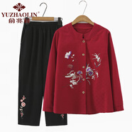 俞兆林媽媽裝老年人衣服奶奶春秋套裝女中襯衫上衣開衫母親節(jié)禮物6070歲 酒紅色上衣+繡花長褲套裝 306款 5XL 建議145-165斤
