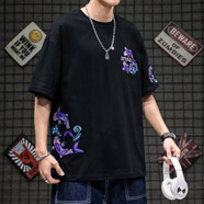 綴櫻鯉魚刺繡T恤國(guó)潮中國(guó)風(fēng)情侶體恤寬松hiphop五分短袖T恤男夏ins半 刺繡款  黑色 L
