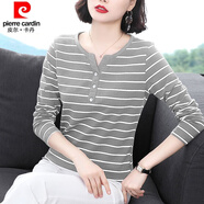 皮爾卡丹（pierre cardin）23年新款長袖打底衫女春秋季新款體恤女士v領(lǐng)紐扣t恤女裝條紋小衫 2096灰色 XL 建議115-130斤穿