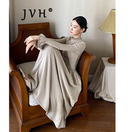 JVH香港潮牌法式度假連衣裙女 2025春季新款修身垂墜感花邊長裙 米杏色 XS
