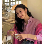 RRL拉夫勞倫小馬標刺繡綠條紋女襯衫春夏季長(cháng)袖寬松 紅色條紋_府綢薄棉_胸前帶刺繡 S _偏大建議小于115斤