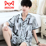 貓人（MiiOW）男士睡衣夏季夏款絲綢真絲家居服短袖短褲夏天可外穿男款大碼套裝 SC男款雙短淡底帥氣條紋 XL (130-150斤)