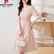 皮爾卡丹（pierre cardin）茶歇法式收腰短袖連衣裙2025夏季新款氣質(zhì)女神范顯瘦高腰蕾絲裙子 粉色 XL