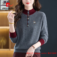 皮爾卡丹（pierre cardin）品牌高檔輕奢100純羊毛衫女秋冬半高領(lǐng)針織打底衫寬松顯瘦拼色羊 品牌高端新品-灰色 可機洗 L 【110-120斤】
