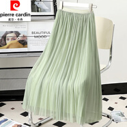 皮爾卡丹（pierre cardin）夏季新款a字百褶裙仙女桑蠶絲半身裙高密細(xì)網(wǎng)紗裙垂感高腰中長裙 淺綠色 XL