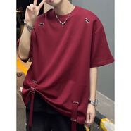京濮飛短袖T恤男士夏季寬松大碼酒紅色潮流半袖上衣 酒紅色 20 2XL