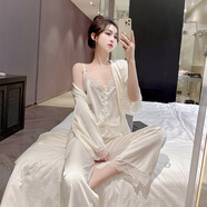 TFZF高端真絲吊帶睡衣女夏季帶胸墊純欲風(fēng)性感絲綢家居服禮盒三件套裝 鵝黃色 吊帶+長(cháng)褲+外袍 L