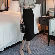 春夏新款職業(yè)半身裙女裝復古高腰包臀裙修身顯瘦一步裙中長(cháng)款包裙 黑色 XS