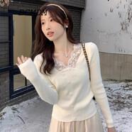 BCMDM香港潮牌蕾絲打底針織衫女 2025春季新款V領(lǐng)修身花邊短款內搭毛衣 米杏色 XL