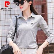 皮爾卡丹（pierre cardin）純棉翻領(lǐng)t恤女短袖2025夏季新款polo衫上衣顯瘦寬松休閑運動(dòng)服 FL-10:純棉長(cháng).袖黑天鵝:灰色  春秋款 M 建議（80-95）斤