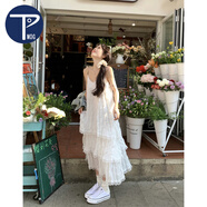 PMOG白色吊帶連衣裙女夏季甜美蕾絲蛋糕海邊度假沙灘氣質(zhì)顯瘦長(zhǎng)裙 吊帶裙 M