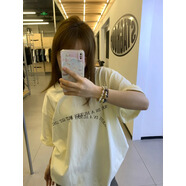 風采兔 杏色短袖T恤女2024夏新款韓版字母印花寬松中長款甜颯風上衣ins 杏色 L