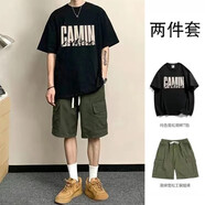 晨代驕套裝】純棉t恤套裝男士夏季寬松短袖運動(dòng)休閑潮流大碼男裝一整套 套裝】CAM黑色T恤+310綠色工裝褲 XL （125-135斤）
