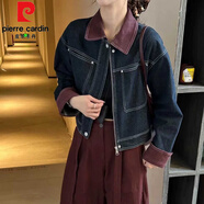 皮爾卡丹（pierre cardin）麂皮絨撞色翻領(lǐng)拼接牛仔衣短外套寬松休閑夾克衫上衣女裝秋新款潮 深藍色 M 90-115