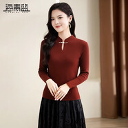 海青藍（CYANINE SEA）設計感復古紅國風(fēng)盤(pán)扣毛衣女旗袍領(lǐng)中式針織打底衫別致正肩上衣 繡紅 M