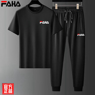 FAHA輕奢品牌短袖T恤男運動(dòng)套裝男士春夏新款寬松跑步短褲運動(dòng)褲男裝 小F黑色長(cháng) M（建議100-135斤）