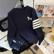 ACJK2025秋冬新款小狗刺繡拼色圓領長袖針織衫女外穿毛呢套頭麻花毛衣 深藍色 均碼 _建議85-115斤