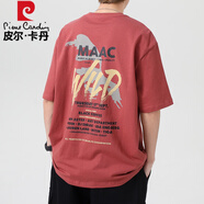 皮爾卡丹（pierre cardin）美式短袖t恤男夏季潮流印花衣服寬松大碼半袖男裝體恤衫 朱砂紅 5XL 220-240斤