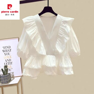 皮爾卡丹（pierre cardin）氣質(zhì)輕熟小香風(fēng)套裝女夏季新款荷葉邊V領(lǐng)雪紡衫包臀牛仔裙兩件套 白色上衣單件 L 建議100-120斤