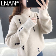 LNAN仿水貂絨毛衣女秋冬新款寬松內(nèi)搭慵懶風(fēng)半高領(lǐng)加絨加厚針織打底衫 杏色_不加絨 XL 建議120-130斤