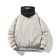 2025新款復古字母刺繡加厚棒球服男女情侶寬松薄款外套飛行員夾克 灰色【冬季棉衣】+黑色帽子 XL