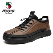 西域駱駝（VANCAMEL）2025夏夏季新款休閑皮鞋男士真皮板鞋潮流時(shí)尚運(yùn)動(dòng)男單鞋加絨棉鞋 GX6013-1 加絨棕色 41