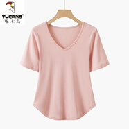 啄木鳥(niǎo)加I肥大尺碼女裝短袖莫代爾t恤女夏胖m妹上衣V領(lǐng)遮肚子棉半袖 粉色 V/領(lǐng) 2XL 建議130-150斤