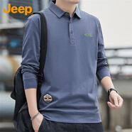 吉普（JEEP）長袖T恤男士春秋季polo寬松休閑打底衫衣服男裝 灰藍 3XL 