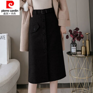 皮爾卡丹（pierre cardin）23年新款毛呢半身裙女秋冬新款包裙高腰顯瘦中長款開叉包臀裙加厚 黑色紐扣 L 建議106-120斤