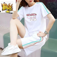 初徑純棉休閑運動(dòng)服套裝女夏季新款大碼寬松學(xué)生短袖短褲兩件套潮 白色套裝三色2只小兔 2XL 建議130-145