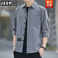 JEEP SPIRIT高檔純棉免燙夏季襯衫男士寬松版七分袖襯衣工裝中袖外套 高質(zhì)量純棉料七分袖(深灰色) M 95斤-115斤