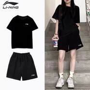 李寧速干運動(dòng)套裝女款夏季冰絲T恤短袖短褲大碼寬松休閑女士上衣服飾 黑色-速干-斜插口袋 L /175（女生建議拍小一碼）