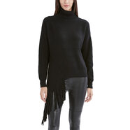 BCBGMAXAZRIA 女式長(zhǎng)袖高領(lǐng)毛衣 不對(duì)稱流蘇下擺 黑色 中號(hào)