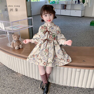霖貝熊女孩1-5歲裙子春秋套裝中小童3歲孩子兩件套連衣裙可愛洋氣公主裙 復(fù)古花朵外套前開裙 130