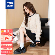 唐獅（TonLion）2025女圓領(lǐng)撞色間條絞花開(kāi)衫 米白 S