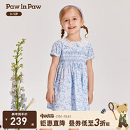 PawinPaw【全棉】卡通小熊童裝夏季女寶蕾絲翻領(lǐng)高腰連衣裙 Blue藍色/50 110 cm
