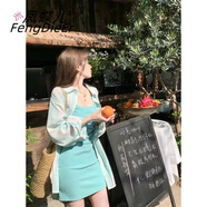 鳳蝶兒吊帶連衣裙子夏天女裝2024年新款韓版純欲風(fēng)短裙套裝女清涼顯瘦 藍綠色吊帶裙 XL