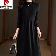 皮爾卡丹配大衣內搭羊毛針織連衣裙女打底裙過(guò)膝秋新款中長(cháng)款毛衣裙 黑色 XL 建議110-120斤