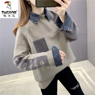啄木鳥(niǎo)羊毛衫女2025秋冬新款加絨毛衣拼接假兩件打底衫韓版寬松上衣百搭 卡其色【不加/絨】 S 建議75-90斤