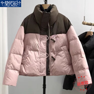 莫代爾2025冬季新款棉服韓版撞色棉服女牛角扣寬松時(shí)尚洋氣面包服短外套 粉拼咖 M 105-125斤