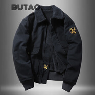 BUTAO 冬季棉衣男工裝休閑外套加絨加厚棉服夾克短款棉襖新款 黑藍色 L